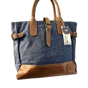 Le Papillon Navy Blue Canvas Brown Leather Trim Large Shoulder Tote Bag NWT